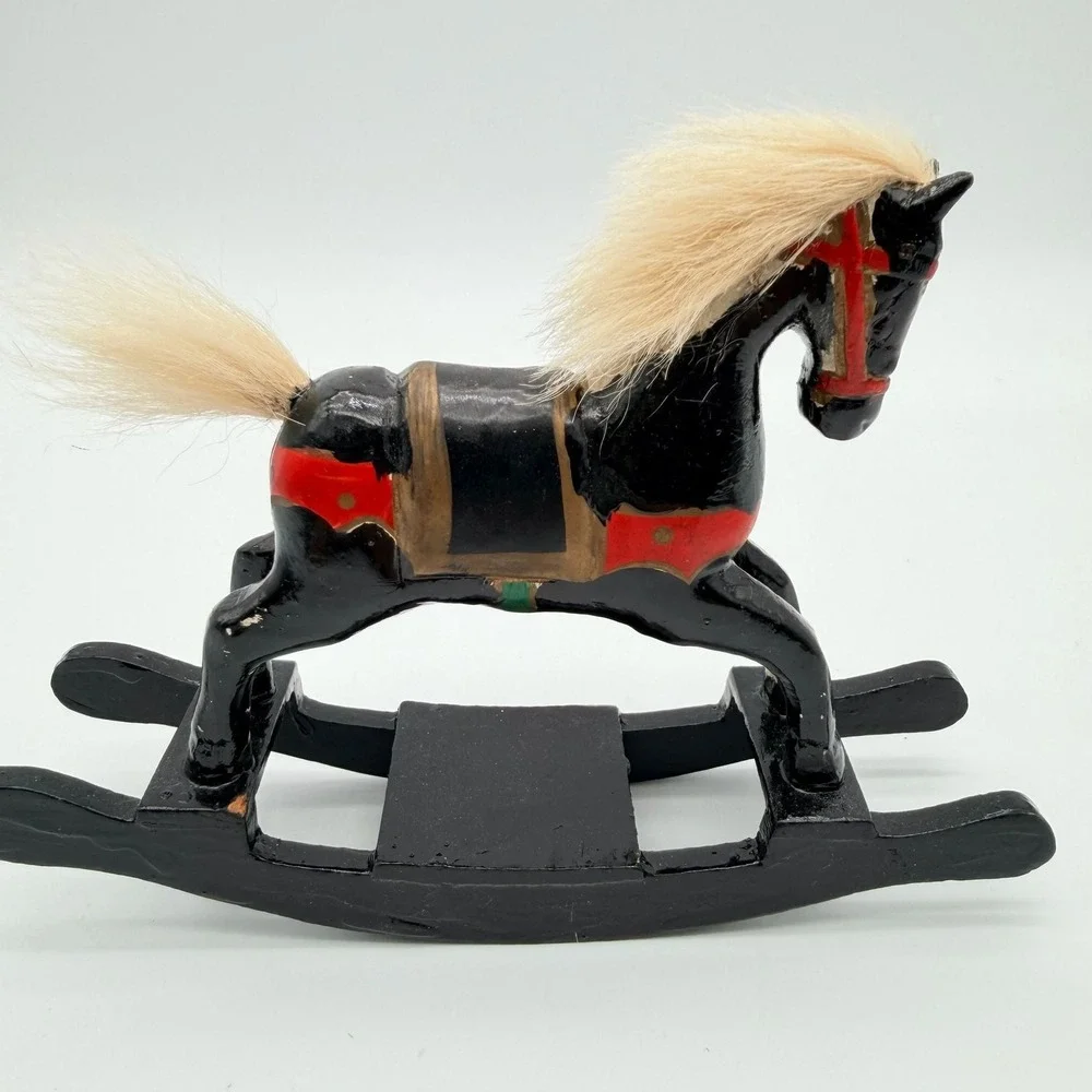 Vintage Hand-Carved Wooden Rocking Horse Figurine with Real Hair Mane and Tail